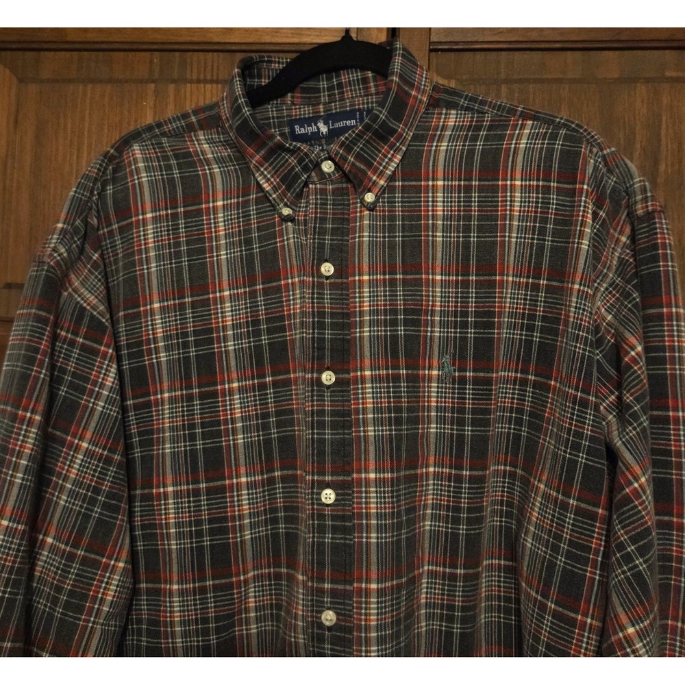 Ralph Lauren The Big Shirt Mens XL Grey Red Plaid Cotton Button Down Vintage